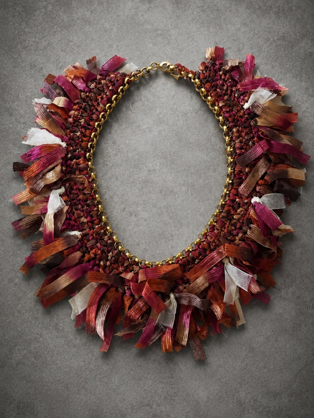 Fringed Bib Necklace in Burgundy, Rust & Cream